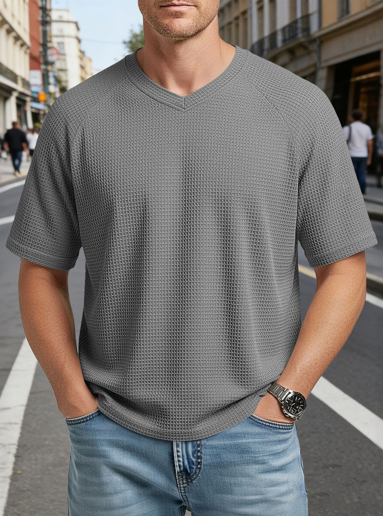 Clothes > Men's Clothing > Tops > T-Shirts  European and American spring and summer men's fashion textured waffle knitted raglan sleeves V-neck short-sleeved men's T-shirt