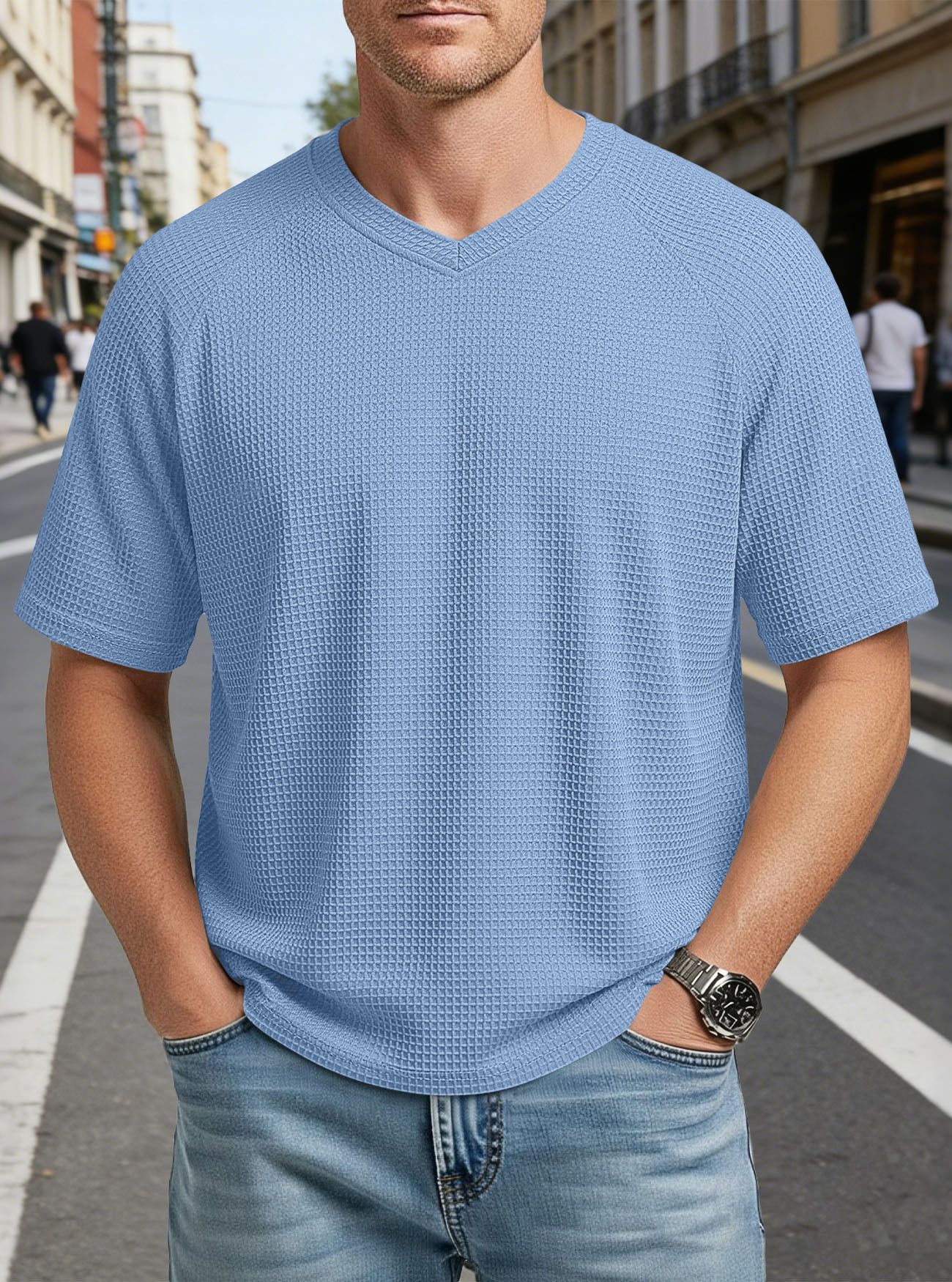 Clothes > Men's Clothing > Tops > T-Shirts  European and American spring and summer men's fashion textured waffle knitted raglan sleeves V-neck short-sleeved men's T-shirt