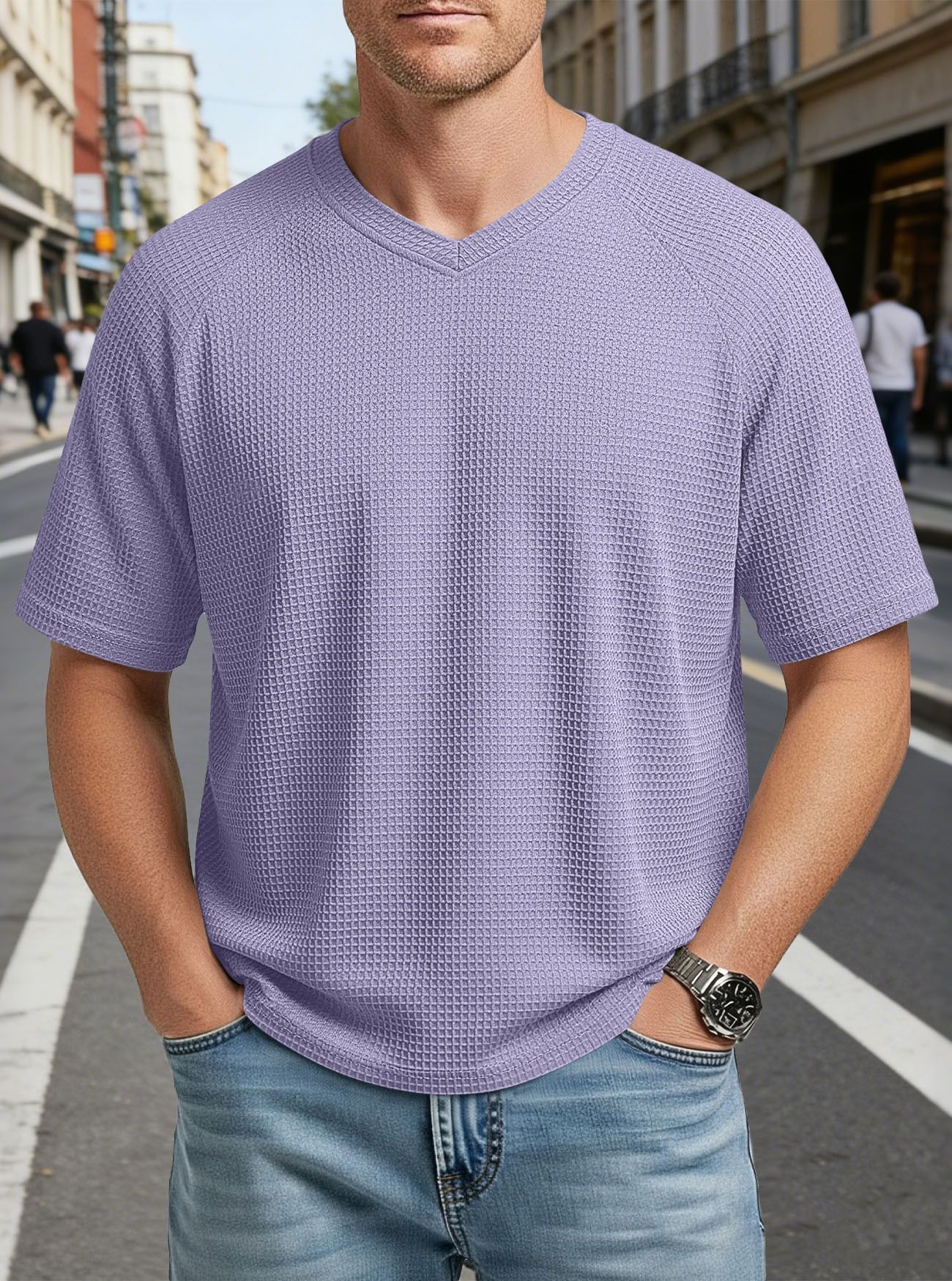 Clothes > Men's Clothing > Tops > T-Shirts  European and American spring and summer men's fashion textured waffle knitted raglan sleeves V-neck short-sleeved men's T-shirt