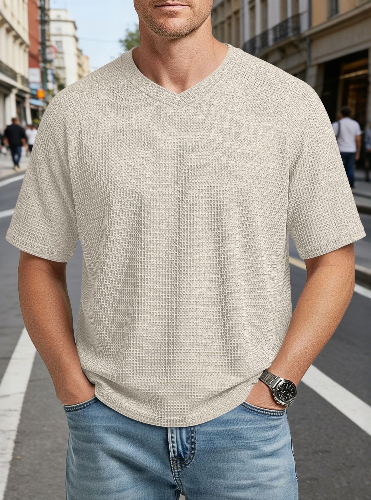 Clothes > Men's Clothing > Tops > T-Shirts  European and American spring and summer men's fashion textured waffle knitted raglan sleeves V-neck short-sleeved men's T-shirt
