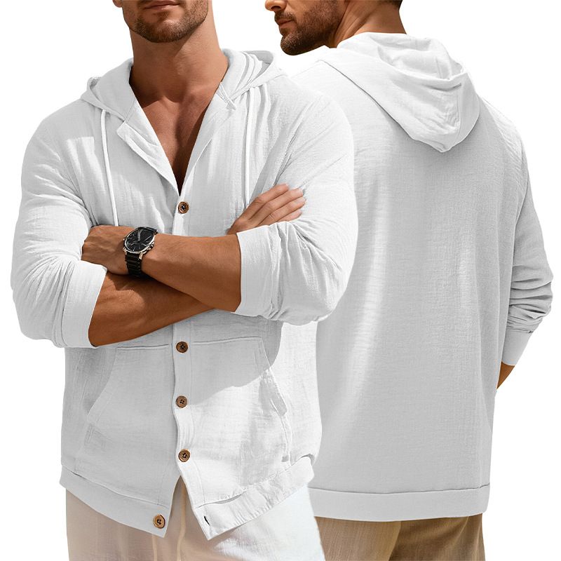 Clothes > Men's Clothing > Tops > Shirts European and American Spring & Autumn Men's Button-Up Shirt Loose Cotton-Linen Casual Pullover Beach Hooded Long Sleeve Jacket
