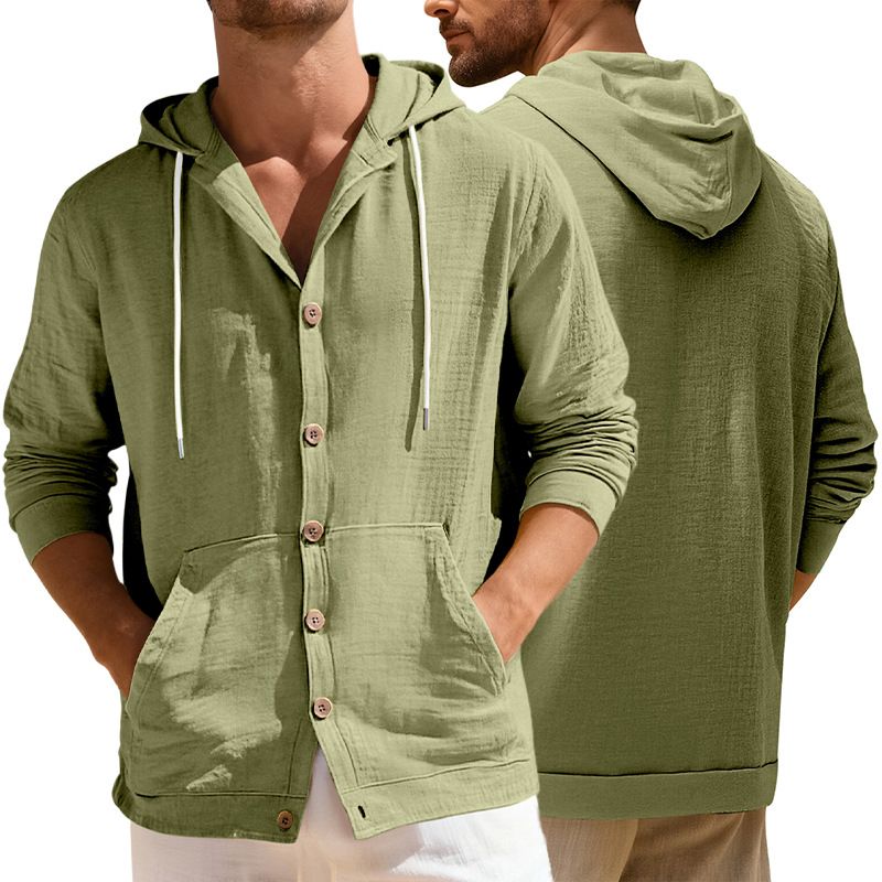 Clothes > Men's Clothing > Tops > Shirts European and American Spring & Autumn Men's Button-Up Shirt Loose Cotton-Linen Casual Pullover Beach Hooded Long Sleeve Jacket