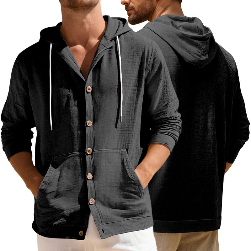 Clothes > Men's Clothing > Tops > Shirts European and American Spring & Autumn Men's Button-Up Shirt Loose Cotton-Linen Casual Pullover Beach Hooded Long Sleeve Jacket