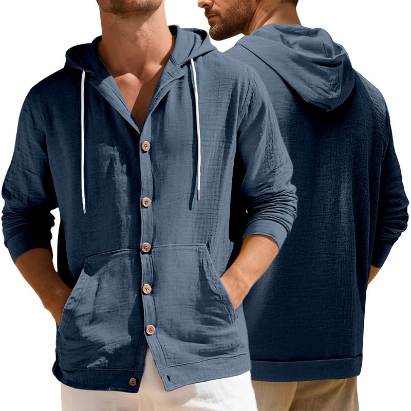 Clothes > Men's Clothing > Tops > Shirts European and American Spring & Autumn Men's Button-Up Shirt Loose Cotton-Linen Casual Pullover Beach Hooded Long Sleeve Jacket