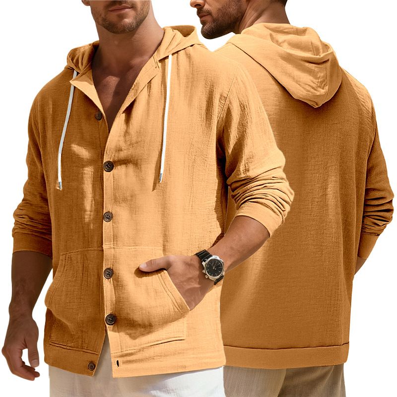 Clothes > Men's Clothing > Tops > Shirts European and American Spring & Autumn Men's Button-Up Shirt Loose Cotton-Linen Casual Pullover Beach Hooded Long Sleeve Jacket