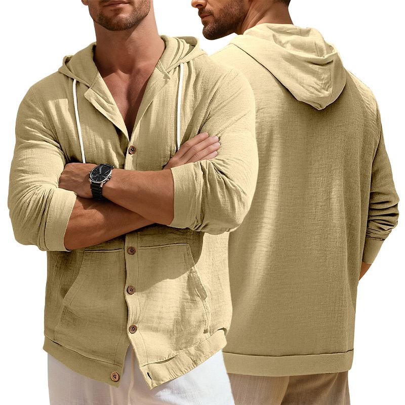 Clothes > Men's Clothing > Tops > Shirts European and American Spring & Autumn Men's Button-Up Shirt Loose Cotton-Linen Casual Pullover Beach Hooded Long Sleeve Jacket