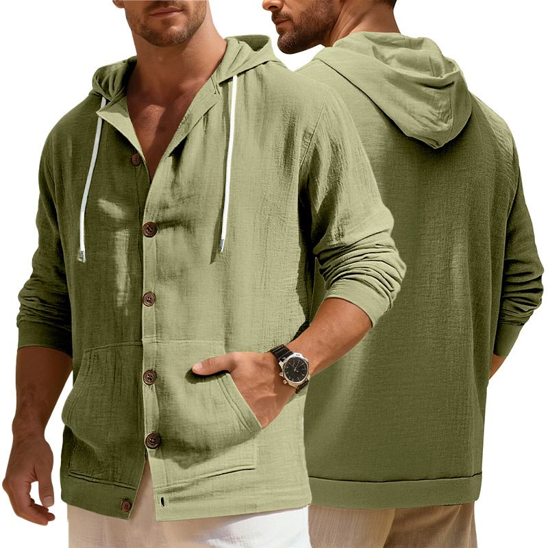 Clothes > Men's Clothing > Tops > Shirts European and American Spring & Autumn Men's Button-Up Shirt Loose Cotton-Linen Casual Pullover Beach Hooded Long Sleeve Jacket