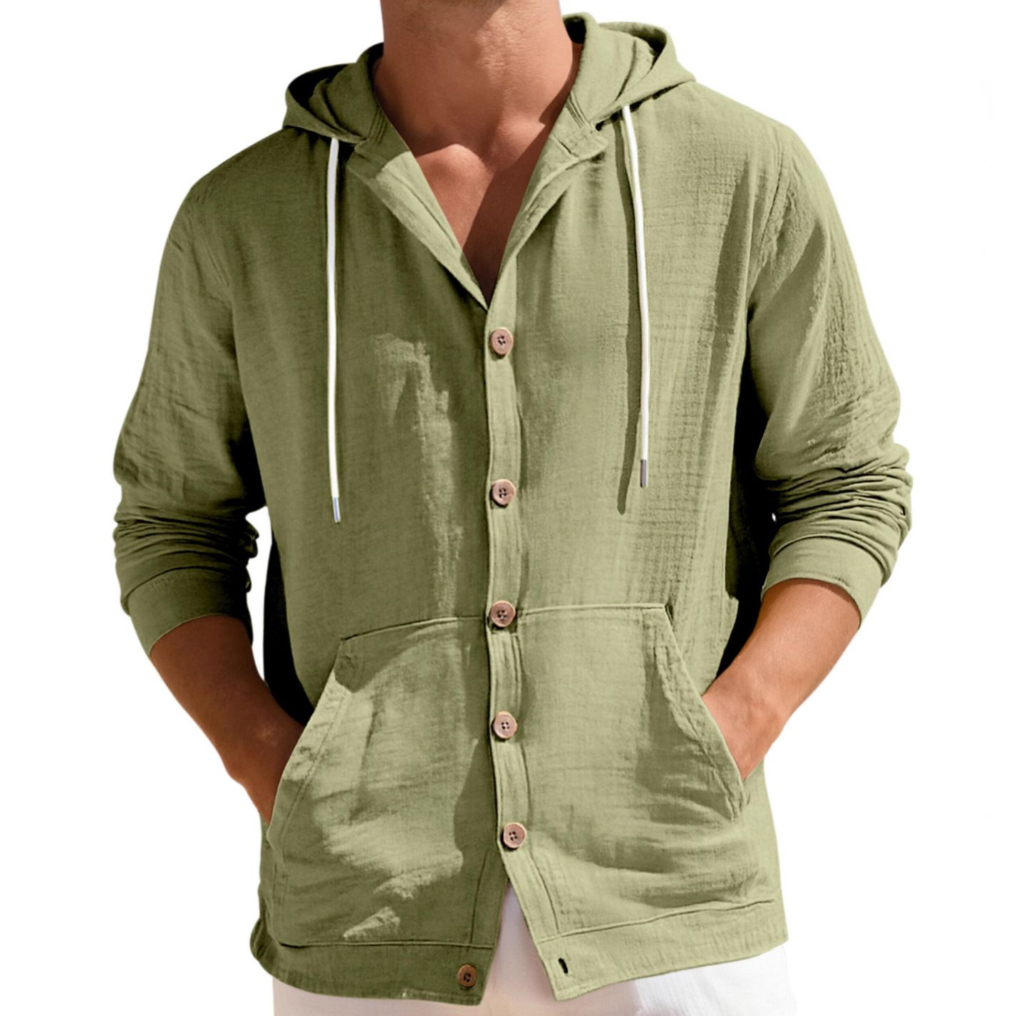 Clothes > Men's Clothing > Tops > Shirts European and American Spring & Autumn Men's Button-Up Shirt Loose Cotton-Linen Casual Pullover Beach Hooded Long Sleeve Jacket