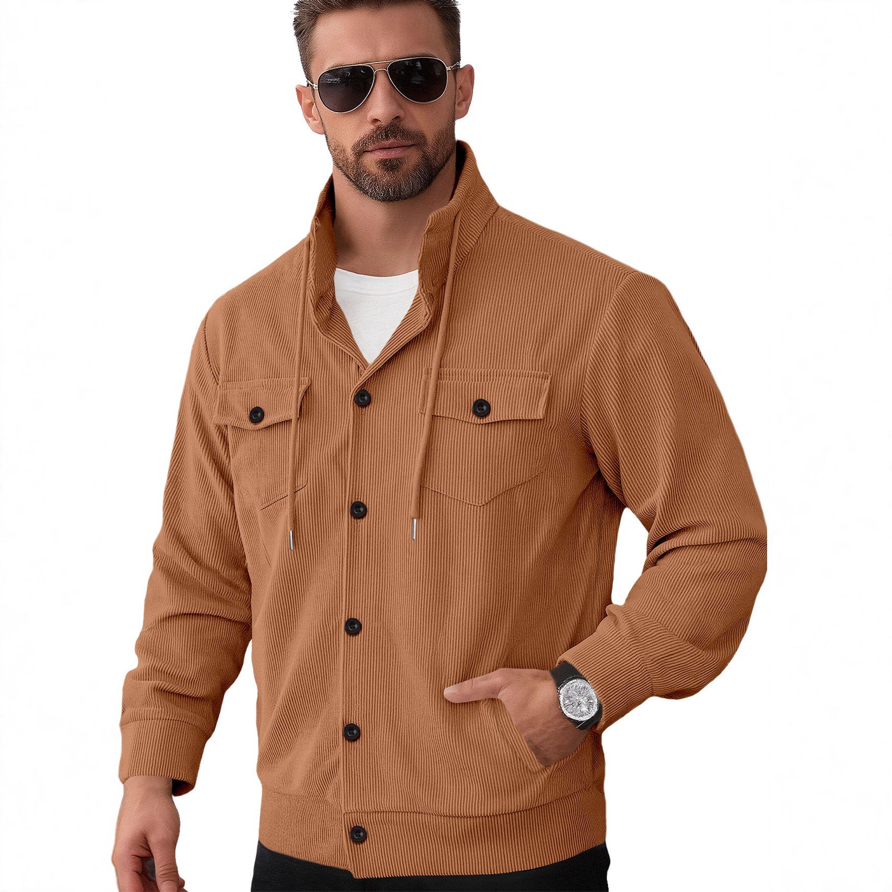 Clothes > Men's Clothing > Tops > Jackets & Coats  Long sleeve casual sports coat lapel corduroy pocket buttoned jacket