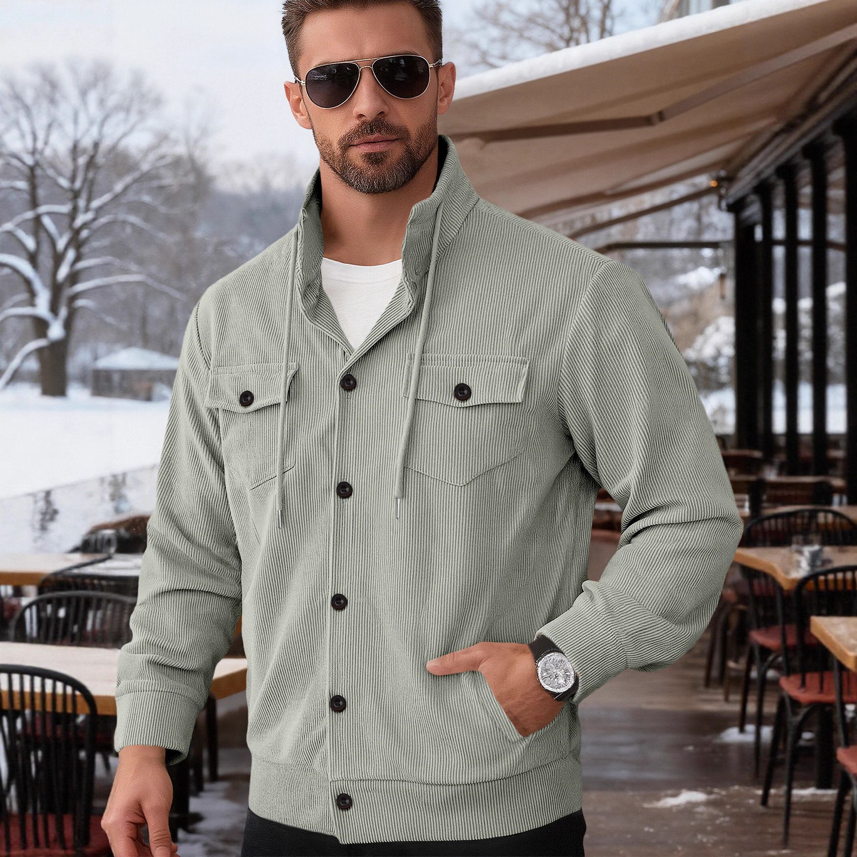 Clothes > Men's Clothing > Tops > Jackets & Coats  Long sleeve casual sports coat lapel corduroy pocket buttoned jacket