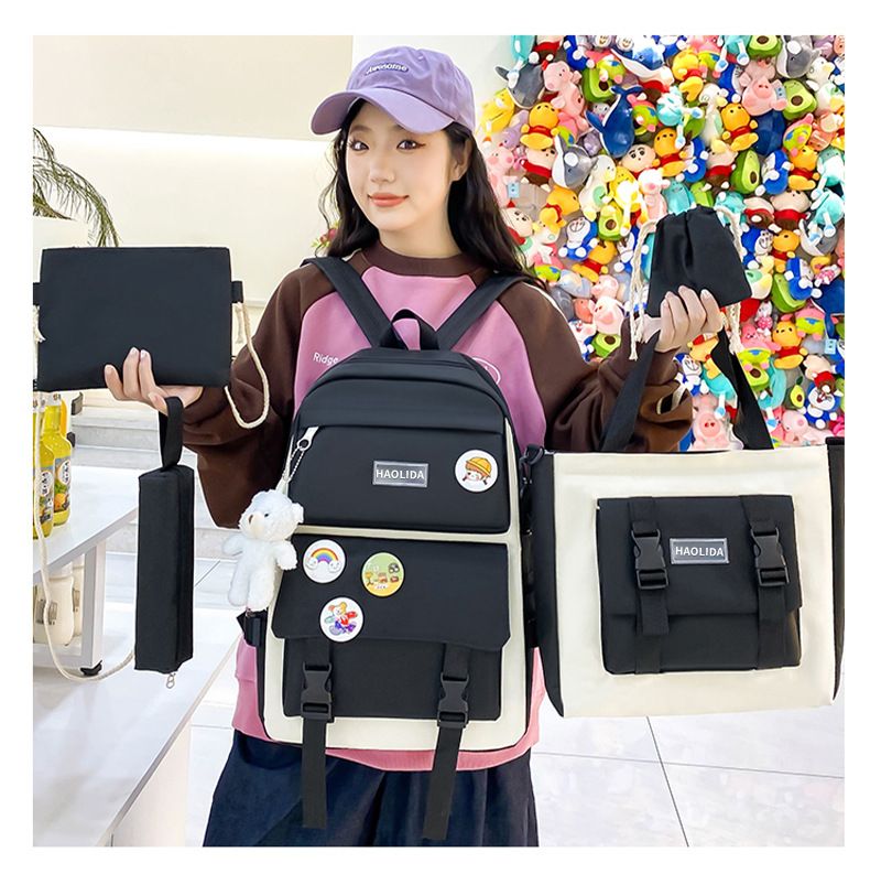 【with toy bear ,medals】 5Pcs/set School Bag New Arrival Buckles Backpacks Bookbags Laptop bag Travelling bag Unisex Backpack+Shoulder bag+Wallet+handbags pencil case+coin purse