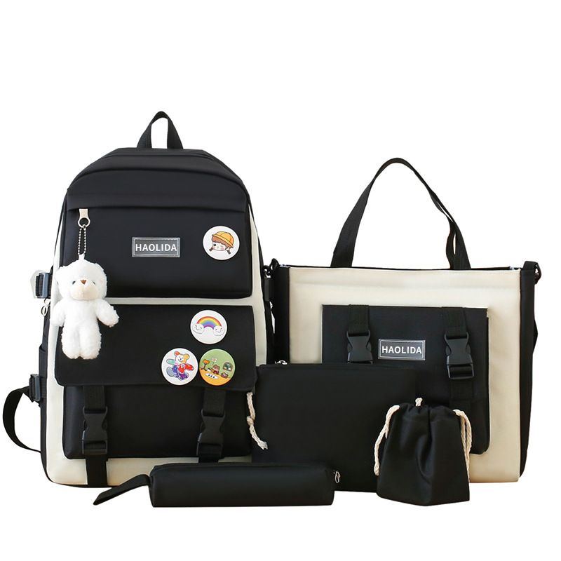 【with toy bear ,medals】 5Pcs/set School Bag New Arrival Buckles Backpacks Bookbags Laptop bag Travelling bag Unisex Backpack+Shoulder bag+Wallet+handbags pencil case+coin purse