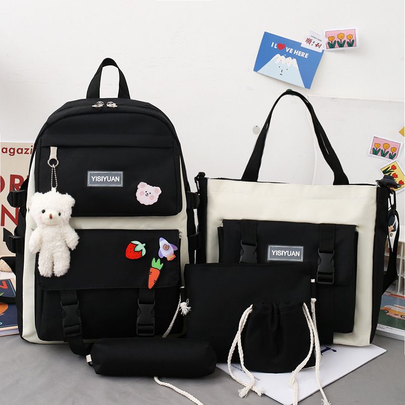【with toy bear ,medals】 5Pcs/set School Bag New Arrival Buckles Backpacks Bookbags Laptop bag Travelling bag Unisex Backpack+Shoulder bag+Wallet+handbags pencil case+coin purse
