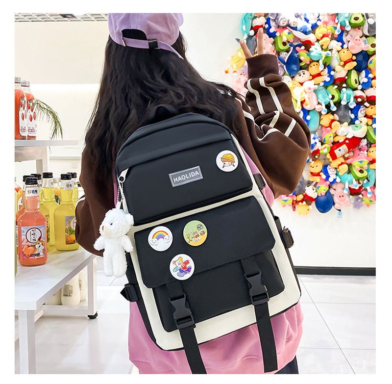 【with toy bear ,medals】 5Pcs/set School Bag New Arrival Buckles Backpacks Bookbags Laptop bag Travelling bag Unisex Backpack+Shoulder bag+Wallet+handbags pencil case+coin purse