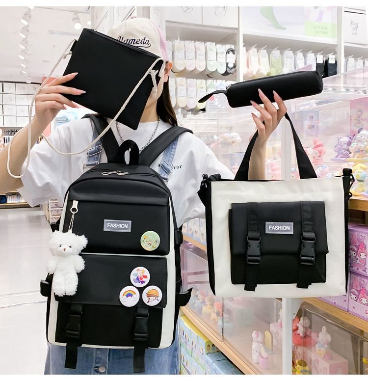 【with toy bear ,medals】 5Pcs/set School Bag New Arrival Buckles Backpacks Bookbags Laptop bag Travelling bag Unisex Backpack+Shoulder bag+Wallet+handbags pencil case+coin purse