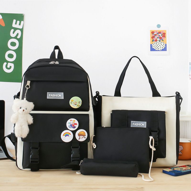 【with toy bear ,medals】 5Pcs/set School Bag New Arrival Buckles Backpacks Bookbags Laptop bag Travelling bag Unisex Backpack+Shoulder bag+Wallet+handbags pencil case+coin purse