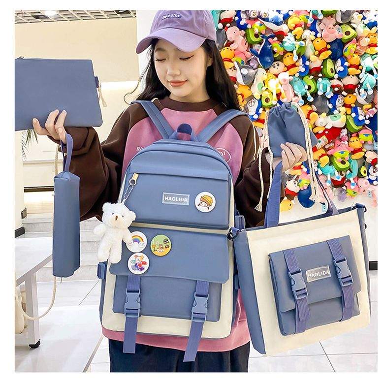 【with toys,medals】 5Pcs/set School Bag New Arrival Buckles Backpacks Bookbags Laptop bag Travelling bag Unisex Backpack+Shoulder bag+Wallet+handbags pencil case+coin purse