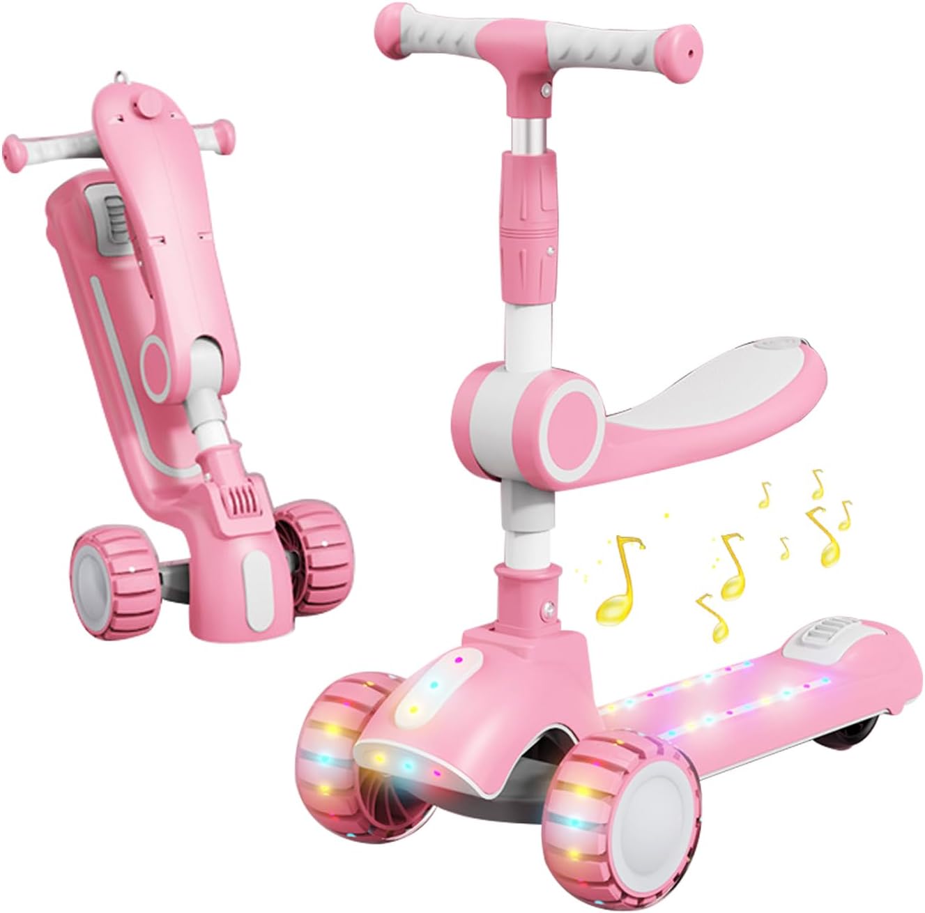 3-in-1 Kick Scooter, Adjustable Height Foldable Scooter Removable Seat, 3 LED Music Lighted Wheels and Anti-Slip Deck, for Boys & Girls