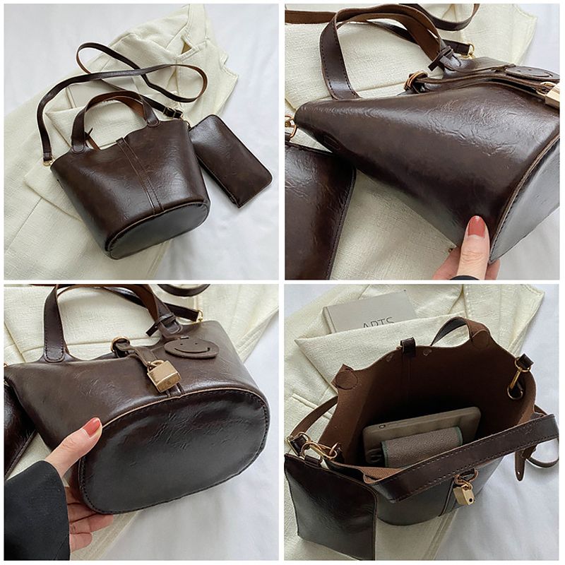 Women Cross-body Bag Small Bag Set PU Bucket Bag Smiley Face Decoration  Handbags