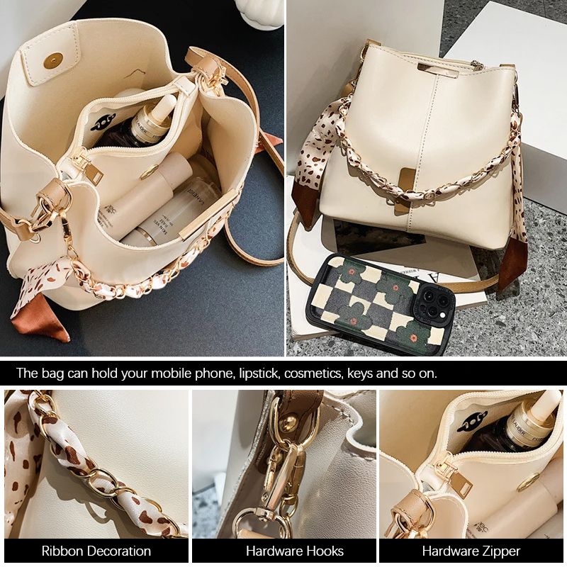 Women Bucket Bag Ladies Ribbon Shoulder Bag Handbags Multi-carry Cross-body Bag