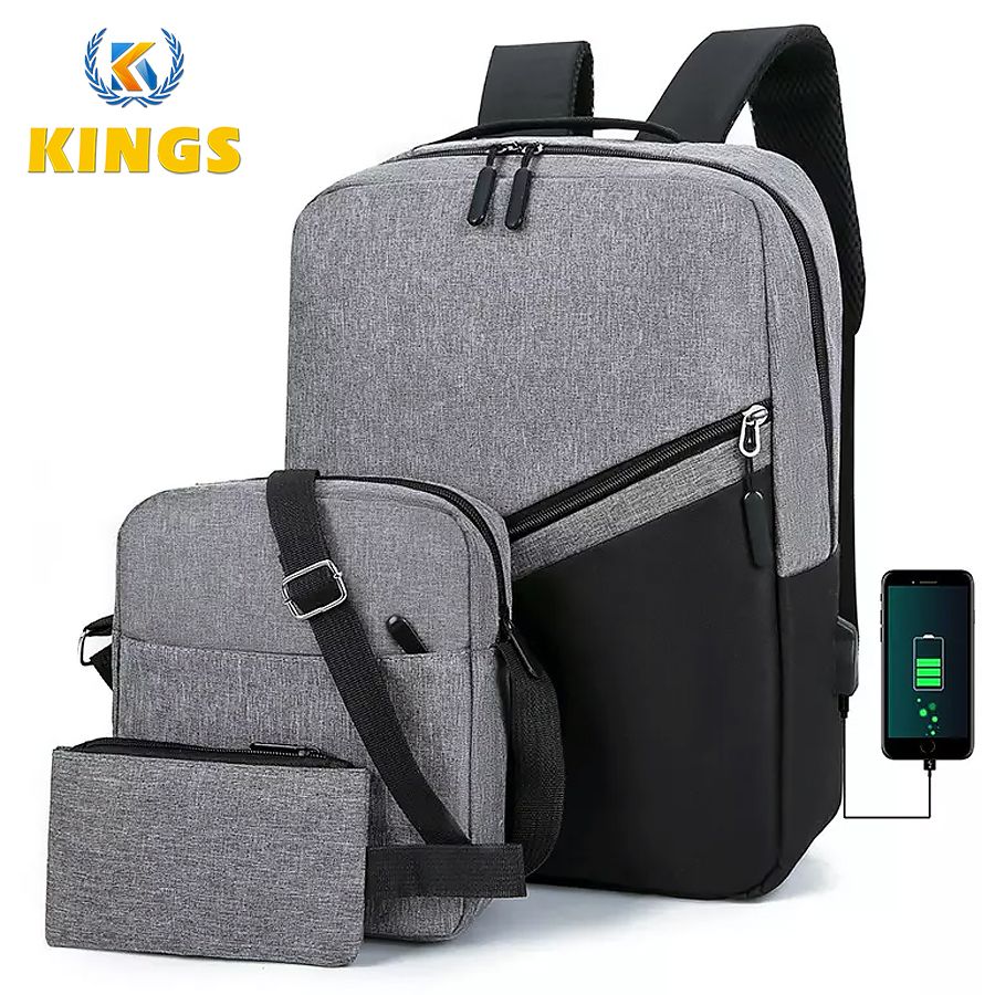 3 piece set Laptop Backpack Men Bag Set Business Casual Rucksack School bag Cross-body Bag Small bag Grey