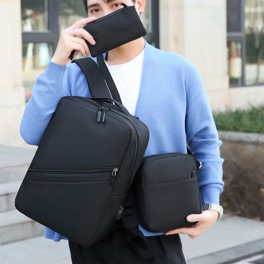 3 piece set Laptop Backpack Men Bag Set Business Casual Rucksack School bag Cross-body Bag Small bag