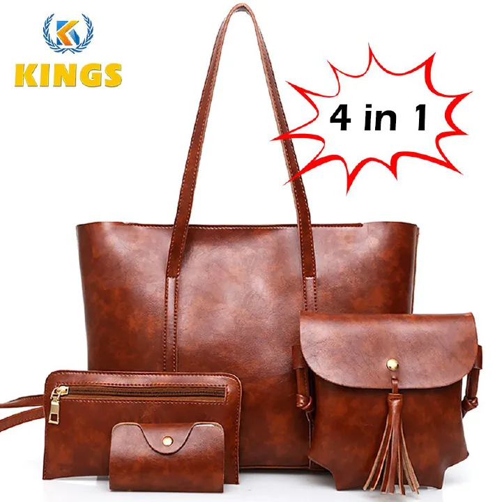 4 In 1 Ladies Shoulder Bag Cross-body bag Purse Bag Set Women Handbag Zipper Tote Bag Large Capacity Waterproof PU Leather Bag Kings Fashion