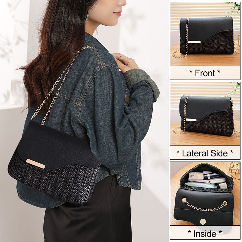 Women Small Cross-body Bag Ladies Chain Bag Phone Bag Clutch Mini Straw Sling Bag (Necklace free gift)