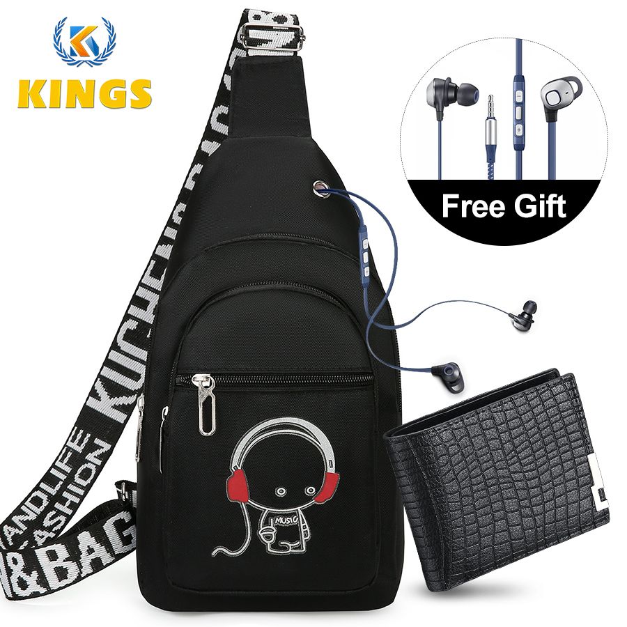 Men Luminous Chest Bag Sling Bag Wallet Wired Earphones Set - Black CA 01