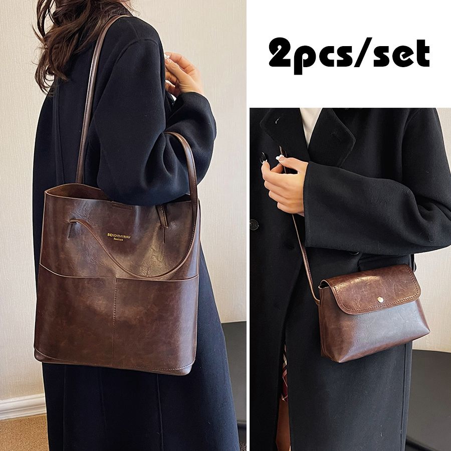 New Arrival 2 In 1 Ladies Classic Handbag Cross-body Bag Set High Quality PU Bags - Brown 2 In 1 Ladies Classic Handbag Cross-body Bag Set High Quality PU Bags - Brown