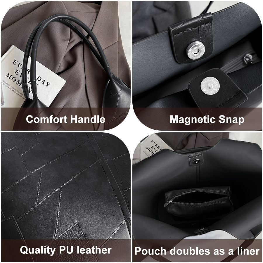 New Arrival 2 In 1 Korean Ladies Handbag Small Bag Set Large Capacity PU Bags - Black