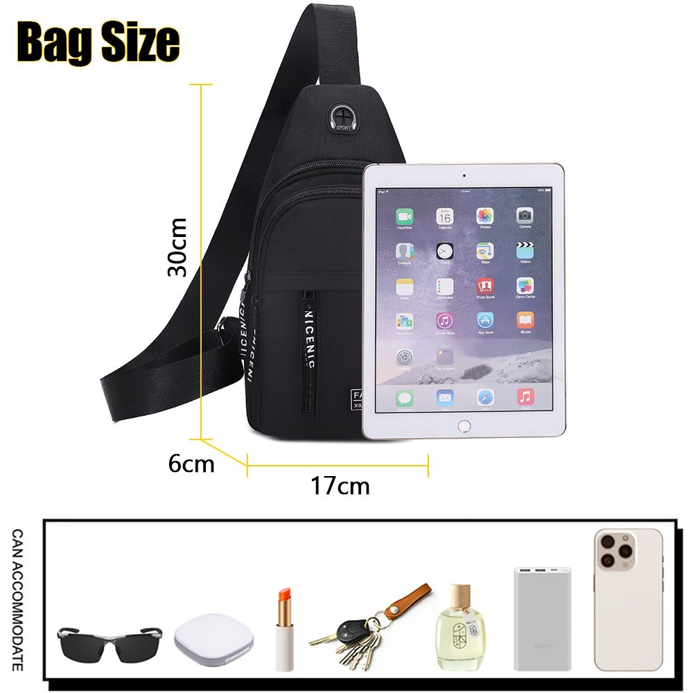 Men Chest Bag Sling Bag Wallet Wired Earphones Set - Black