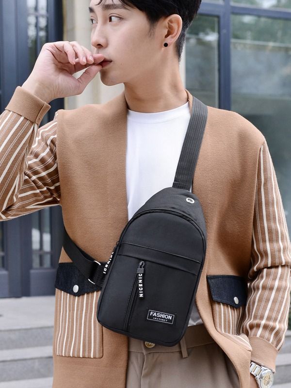 Men Chest Bag Sling Bag Wallet Wired Earphones Set - Black