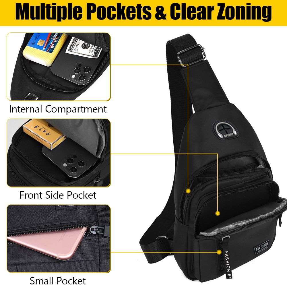 Men Chest Bag Sling Bag Wallet Wired Earphones Set - Black