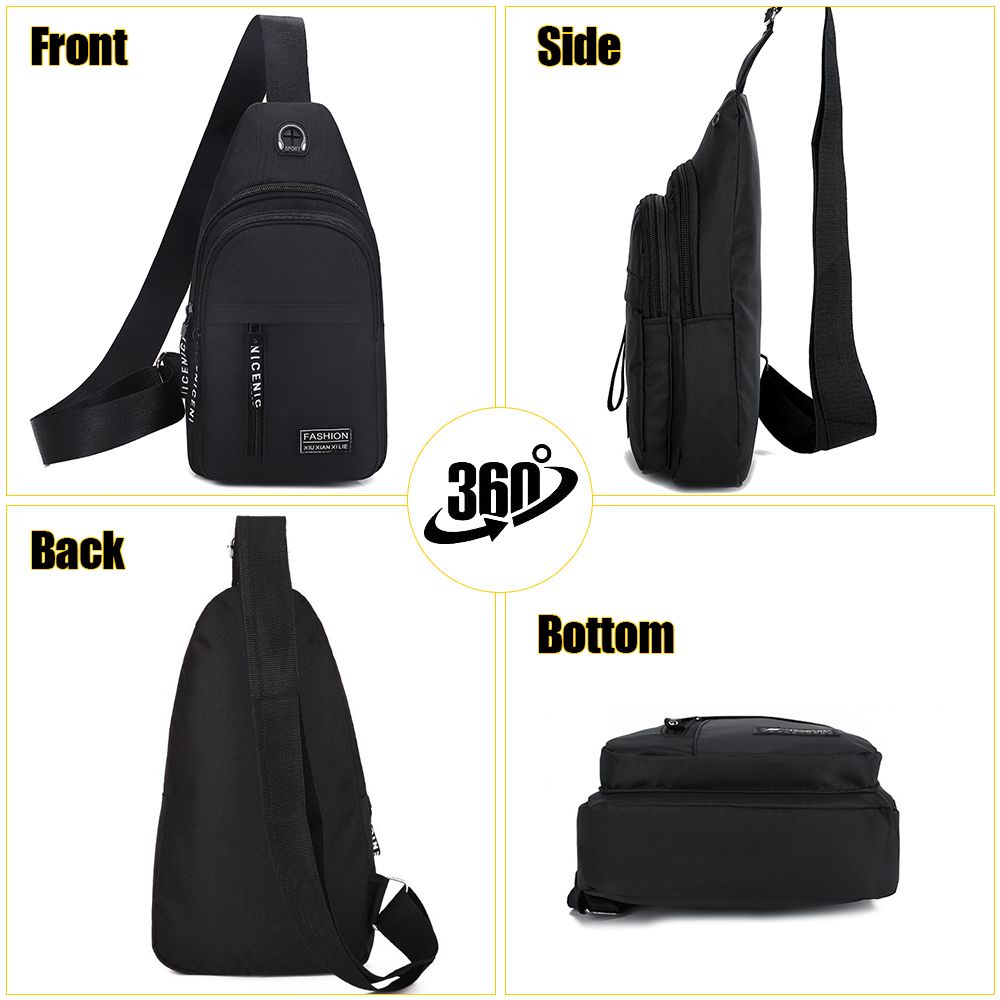 Men Chest Bag Sling Bag Wallet Wired Earphones Set - Black