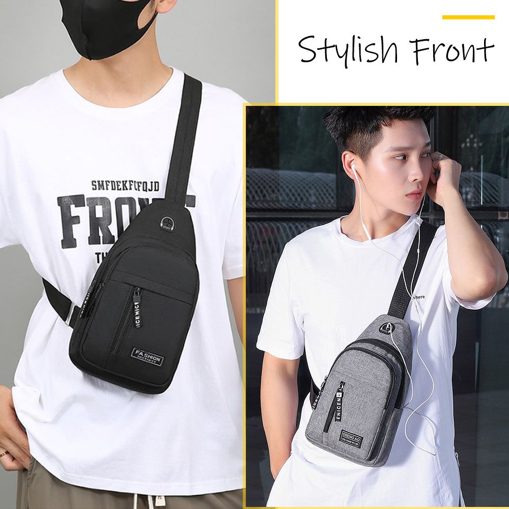 Men Chest Bag Sling Bag Wallet Wired Earphones Set - Black