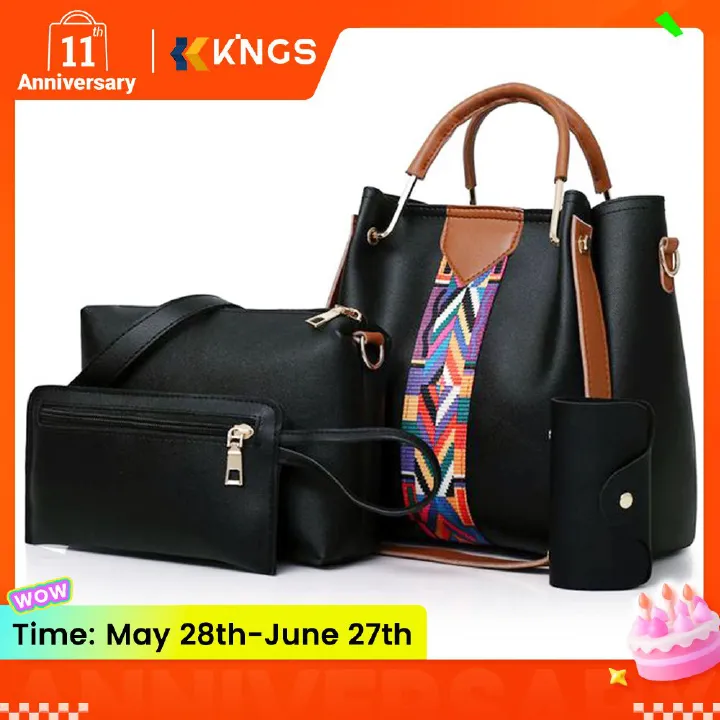 4pcs Ladies Bag Set Women Handbags Shoulder Tote Sling Bags PU Leather Waterproof Kings Fashion
