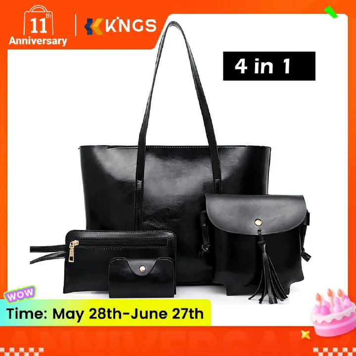 4 In 1 Ladies Shoulder Bag Cross-body bag Purse Bag Set Women Handbag Zipper Tote Bag Large Capacity Waterproof PU Leather Bag Kings Fashion
