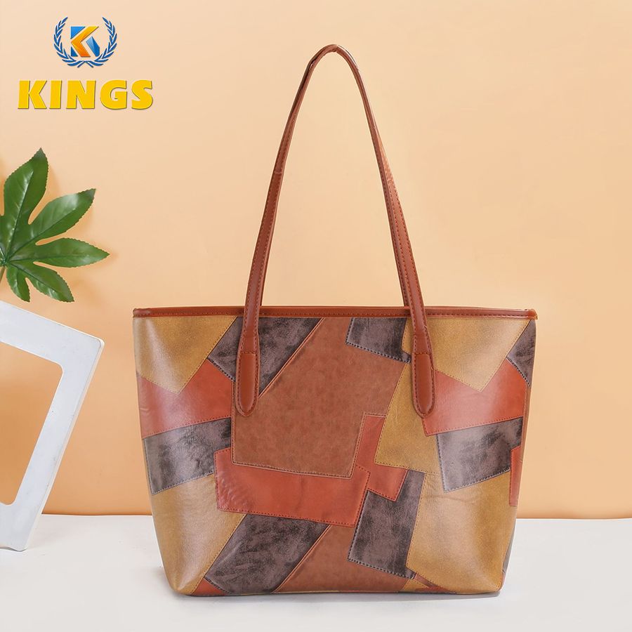 Ladies Large-capacity Handbag Women Geometric Color-blocked Bag PU Synthetic Leather Bag