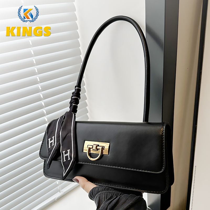 Ladies Underarm Bag Women Handbag Black PU Bag Ribbon Decoration Small Bag Phone Bag