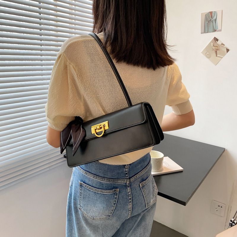 Ladies Underarm Bag Women Handbag Black PU Bag Ribbon Decoration Small Bag Phone Bag