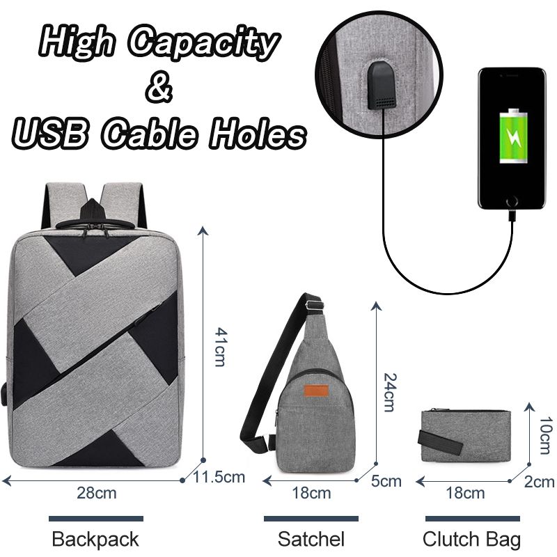 New Arrival 3 In 1 Men Laptop Bags Set Backpack Chest Bag Small Bag Set Rucksack Travel Bag With USB Jack Large Capacity School Bag