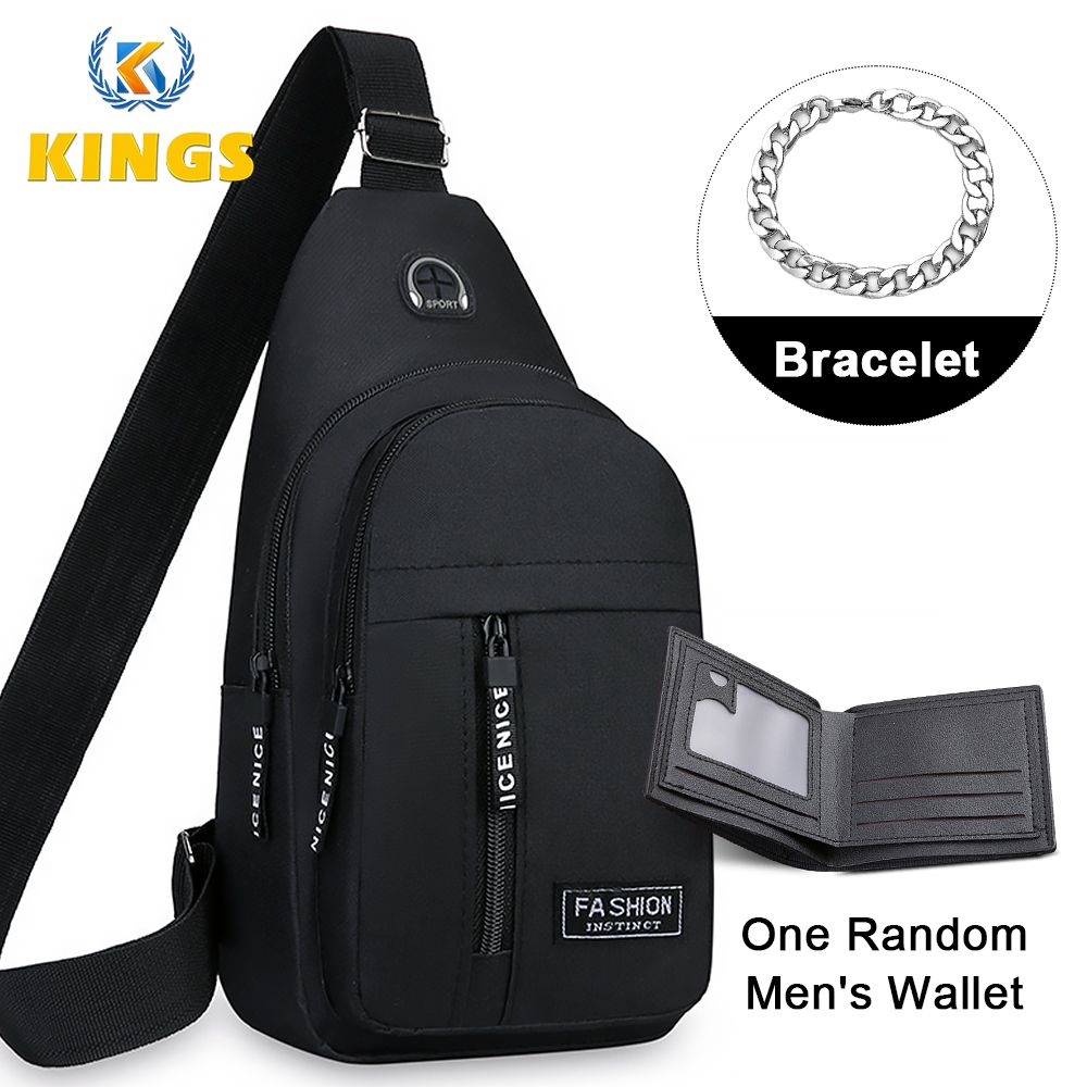 Men Chest Bag Sling Bag Wallet bracelet Set - Black