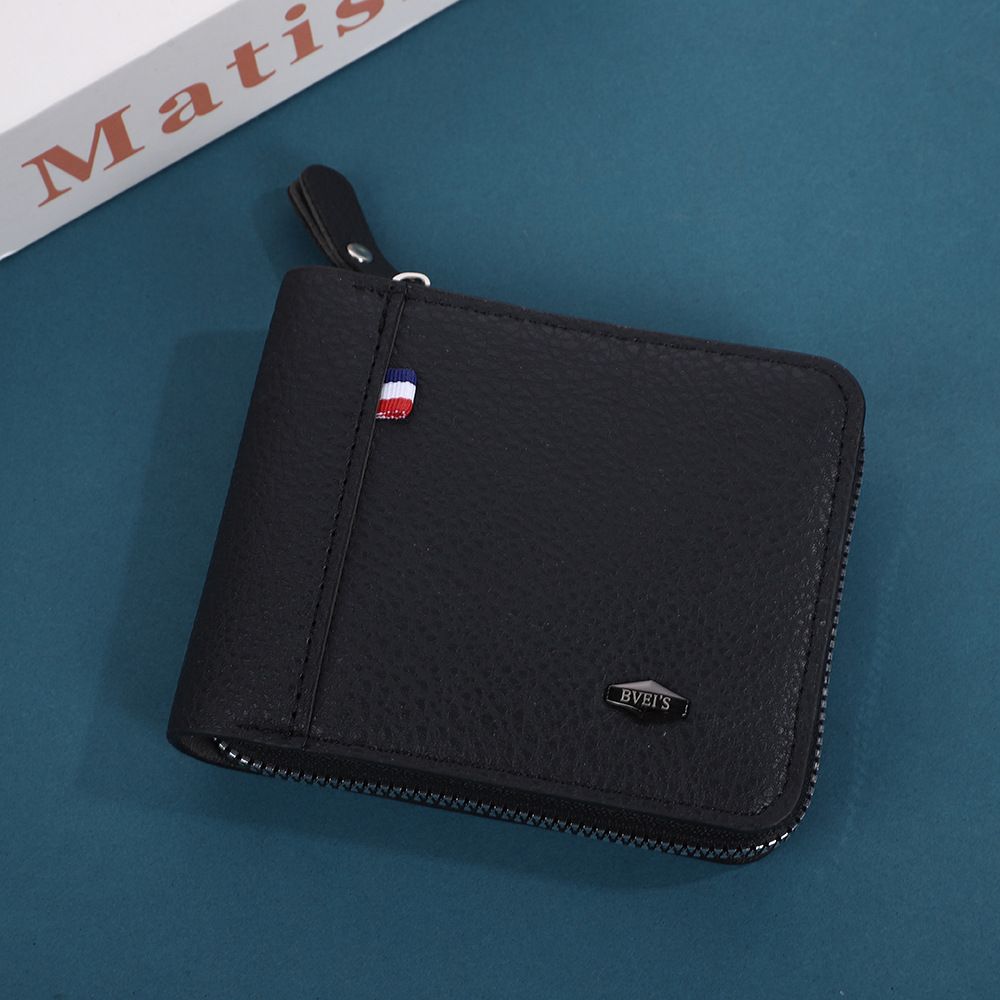 Men Short Wallets Zipper Business Billfold Horizontal Wallet Credit Card Holder-Black