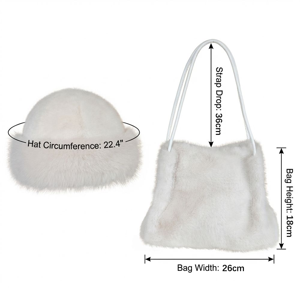 2 In 1 Ladies Faux Mink Fur Purse + Hat Set Small Handbag Fluffy Hat Women Beige Bags Bucket Hat Underarm Bag