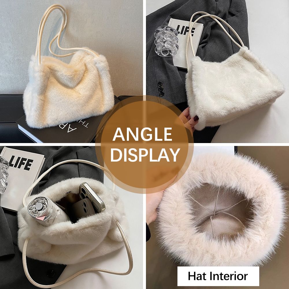 2 In 1 Ladies Faux Mink Fur Purse + Hat Set Small Handbag Fluffy Hat Women Beige Bags Bucket Hat Underarm Bag