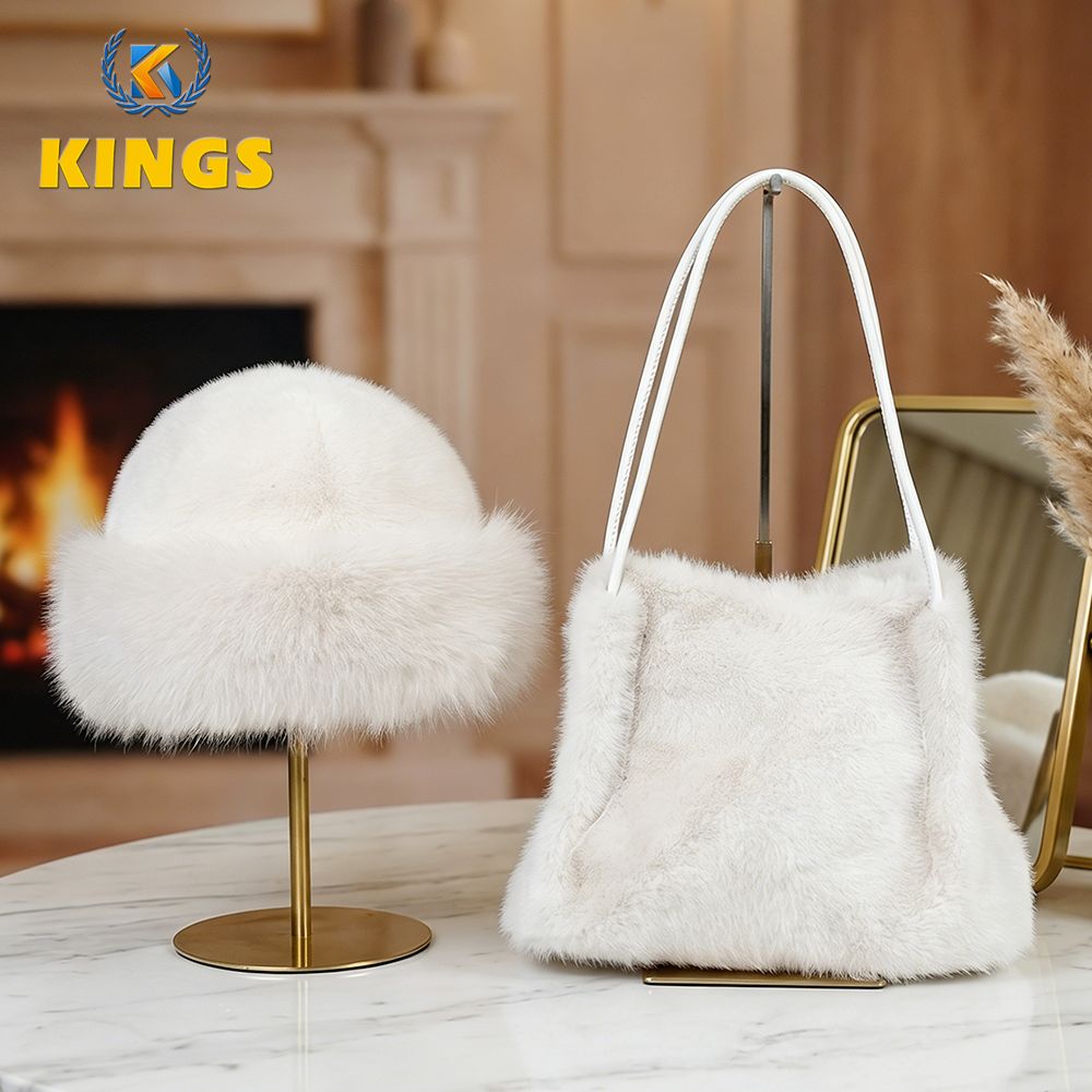 2 In 1 Ladies Faux Mink Fur Purse + Hat Set Small Handbag Fluffy Hat Women Beige Bags Bucket Hat Underarm Bag