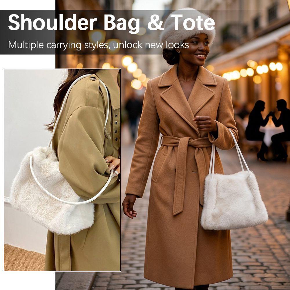 2 In 1 Ladies Faux Mink Fur Purse + Hat Set Small Handbag Fluffy Hat Women Beige Bags Bucket Hat Underarm Bag