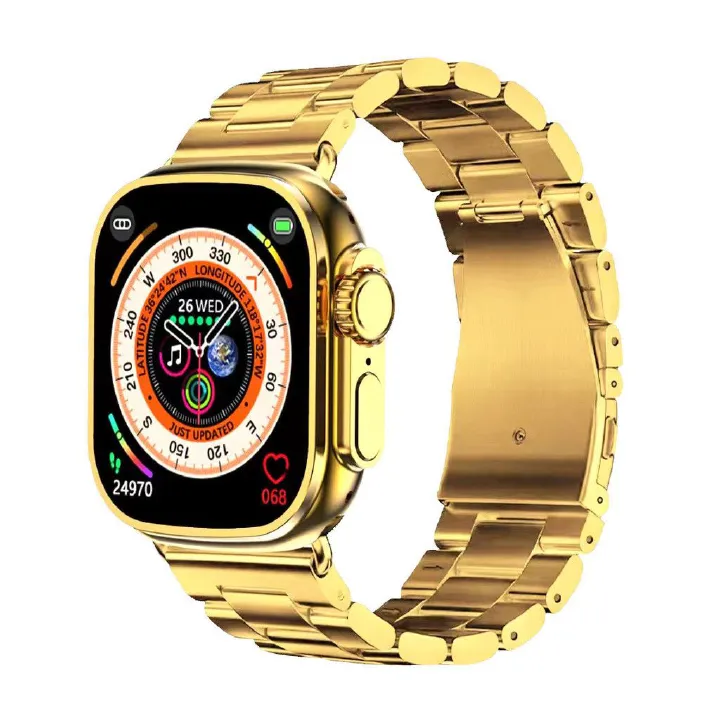 Golden Smart Watch 2.01 inch Ultra Max Bluetooth Waterproof Sports Smartwatch with Real Screw Buckle Metal Dual Band Business Luxury Watches