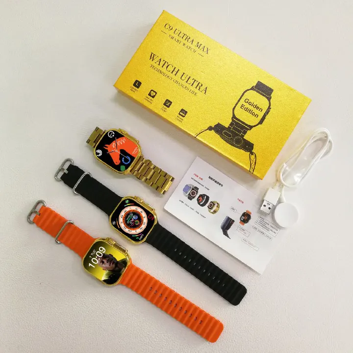 Golden Smart Watch 2.01 inch Ultra Max Bluetooth Waterproof Sports Smartwatch with Real Screw Buckle Metal Dual Band Business Luxury Watches